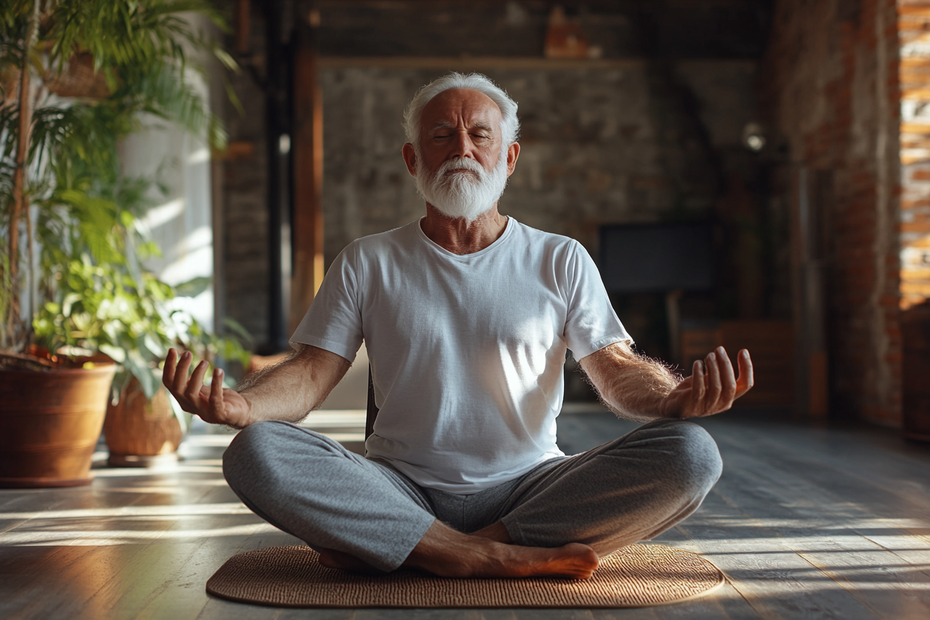 Старші люди практикують цифрову йогу з планшетами